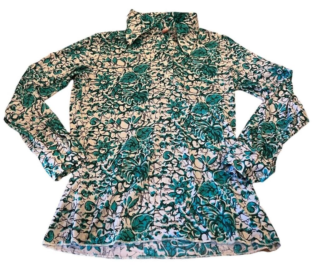 1970s Floral Flower Power Print Nylon Button Shirt Green Wide Collar